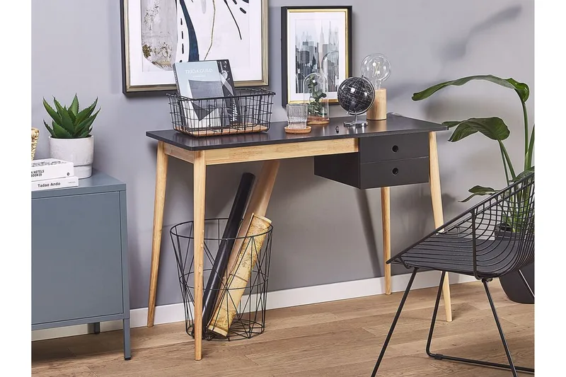 Ebeme Skrivebord 106 cm med Opbevaring 2 Skuffer - Sort/Lysebrun - Møbler - Borde - Kontorbord - Skrivebord