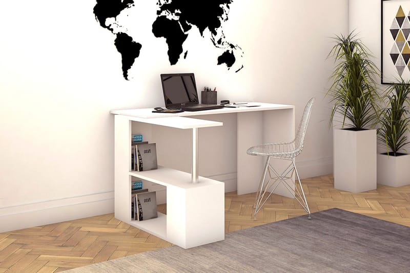 Elegancia Skrivebord 130 cm med Opbevaring Hylder L-form - Hvid - Skrivebord