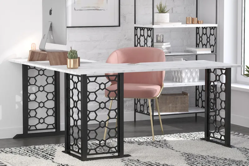 Ella Skrivebord 151 cm Marmormønster Hvid/Sort - CosmoLiving - Møbler - Borde - Kontorbord - Skrivebord