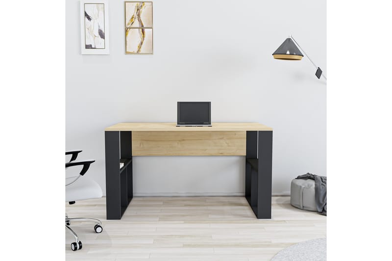 Flinspach Skrivebord 120 cm med Opbevaring Hylder - Egefarvet/Sort - Skrivebord