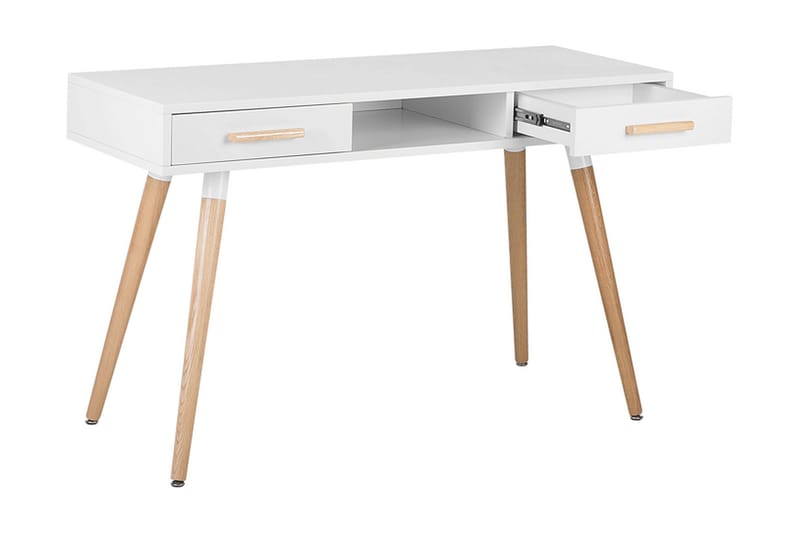 Frisange Skrivebord 120 cm med Opbevaring 2 Skuffer + Hylde - Hvid/Lysebrun - Skrivebord
