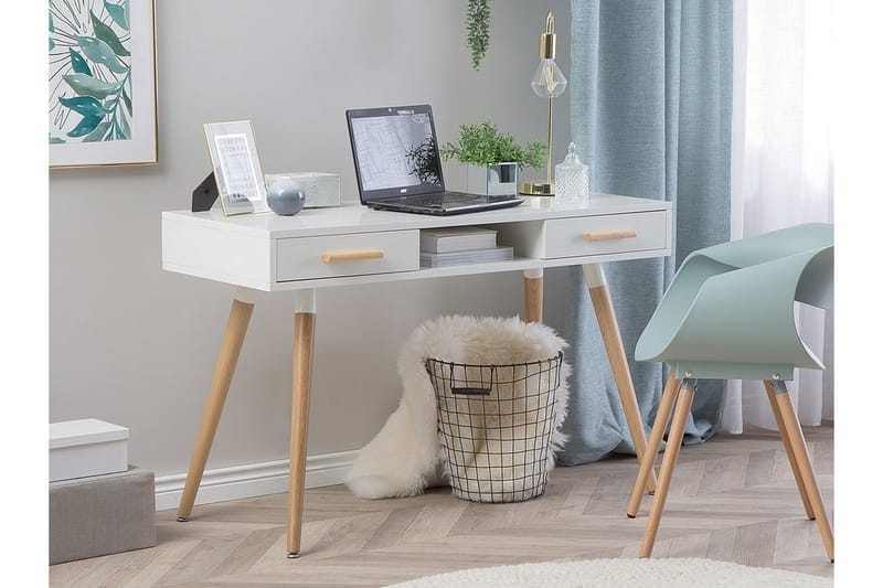 Frisange Skrivebord 120 cm med Opbevaring 2 Skuffer + Hylde - Hvid/Lysebrun - Møbler - Borde - Kontorbord - Skrivebord
