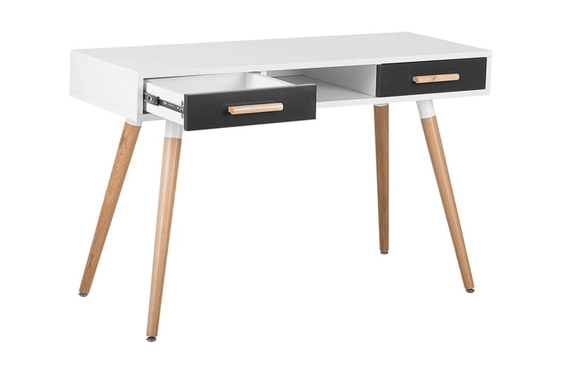 Frisange Skrivebord 120 cm med Opbevaring 2 Skuffer + Hylde - Hvid/Mørkegrå/Brun - Skrivebord