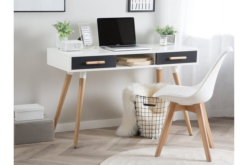 Frisange Skrivebord 120 cm med Opbevaring 2 Skuffer + Hylde - Hvid/Mørkegrå/Brun - Møbler - Borde - Kontorbord - Skrivebord