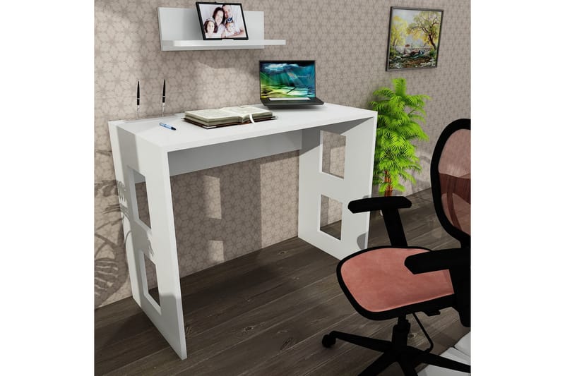 Furny Home Skrivebord 90 cm med Opbevaring Væghylde - Hvid - Skrivebord