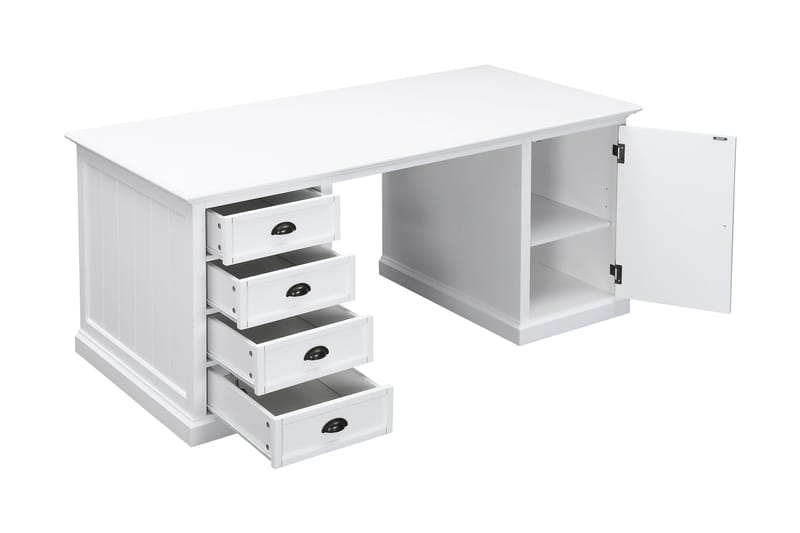 Hampton Skrivebord 170 cm med Opbevaring 4 Skuffer + Skab - Hvid Mahogni - Skrivebord - Computerbord