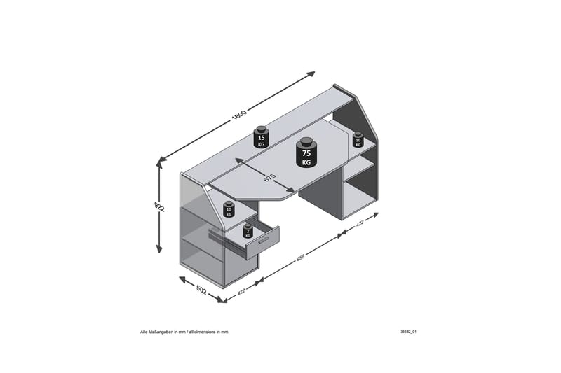 Harvilchuck Skrivebord med Opbevaring Hylder + Skuffe + Skab - Grå - Skrivebord