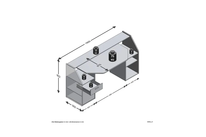 Harvilchuck Skrivebord med Opbevaring Hylder + Skuffe + Skab - Grå - Møbler - Borde - Kontorbord - Skrivebord