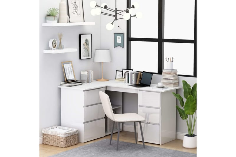 Hjørneskrivebord 145x100x76 cm Spånplade Højglans Hvid - Hvid - Møbler - Borde - Kontorbord - Skrivebord