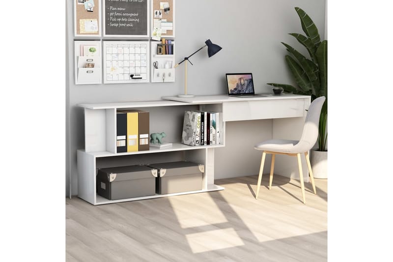 Hjørneskrivebord 200x50x76 cm Spånplade Hvid Højglans - Hvid - Møbler - Borde - Kontorbord - Skrivebord