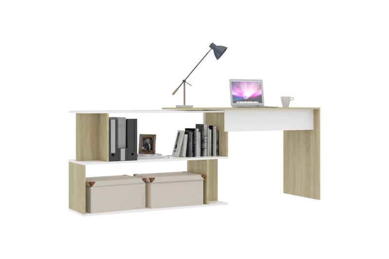 Hjørneskrivebord 200x50x76 cm Spånplade Hvid Sonoma-Eg - Beige - Skrivebord