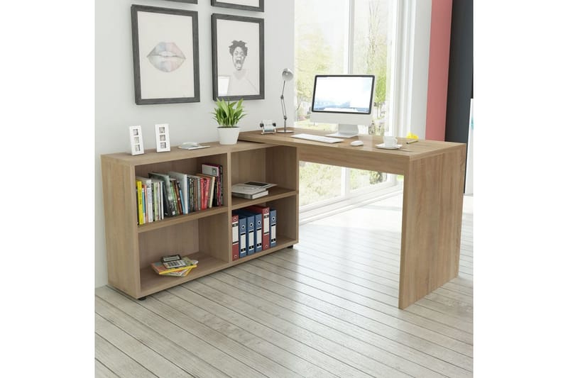 Hjørneskrivebord 4 Hylder Egetræ - Brun - Skrivebord