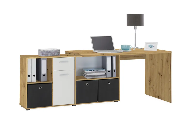 Brizleth Hjørneskrivebord 136 cm Buet med Opbevaring - Brun/Hvid - Møbler - Borde - Kontorbord - Skrivebord - hjørneskrivebord