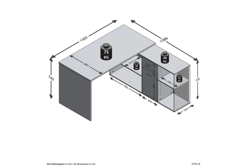 Brizleth Hjørneskrivebord 136 cm Buet med Opbevaring - Brun/Hvid - Møbler - Borde - Kontorbord - Skrivebord - hjørneskrivebord
