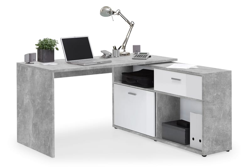 Diego Hjørneskrivebord 138 cm med Justerbar Hylde - Hvid/Beton - Møbler - Borde - Kontorbord - Skrivebord - hjørneskrivebord