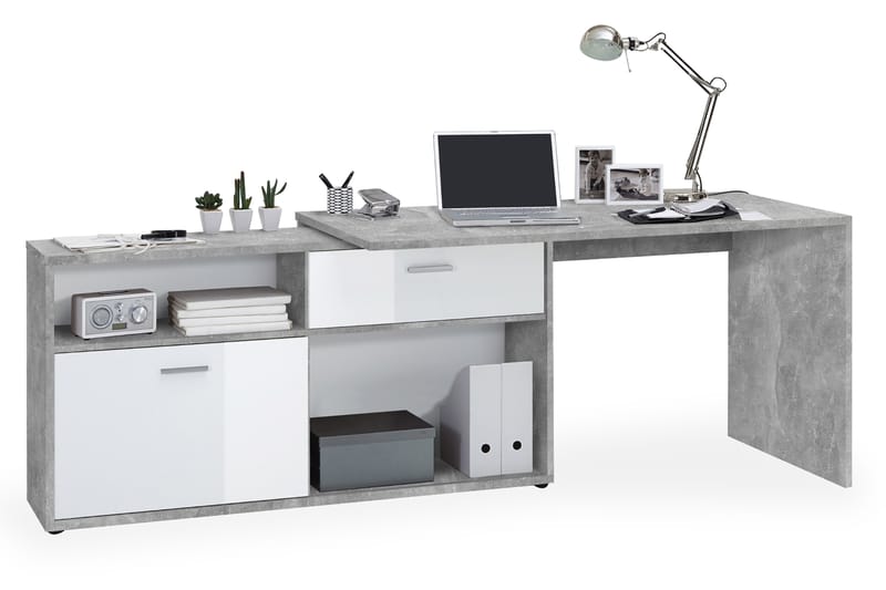 Diego Hjørneskrivebord 138 cm med Justerbar Hylde - Hvid/Beton - Møbler - Borde - Kontorbord - Skrivebord - hjørneskrivebord