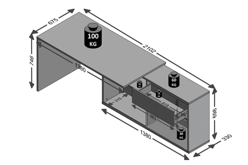 Diego Hjørneskrivebord 138 cm med Justerbar Hylde - Hvid/Beton - Møbler - Borde - Kontorbord - Skrivebord - hjørneskrivebord