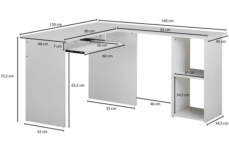 Gulshan skrivebord 140 cm - Hvid - hjørneskrivebord