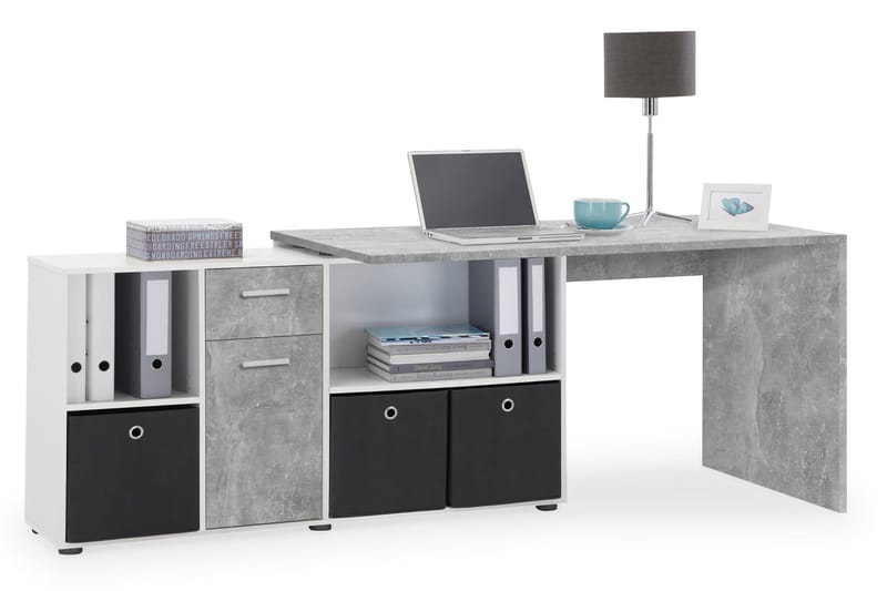 Lexo Hjørneskrivebord 136 cm med Justerbar Hylde - Beton - Møbler - Borde - Kontorbord - Skrivebord - hjørneskrivebord