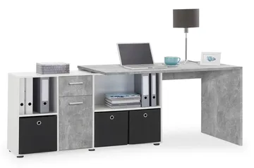 Lexo Hjørneskrivebord 136 cm med Justerbar Hylde - Beton - Møbler - Borde - Kontorbord - Skrivebord - hjørneskrivebord