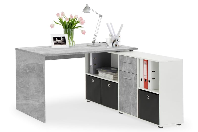 Lexo Hjørneskrivebord 136 cm med Justerbar Hylde - Beton - Møbler - Borde - Kontorbord - Skrivebord - hjørneskrivebord