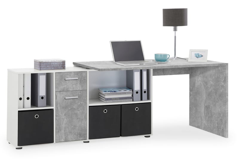 Lexo Hjørneskrivebord 136 cm med Justerbar Hylde - Beton - Møbler - Borde - Kontorbord - Skrivebord - hjørneskrivebord