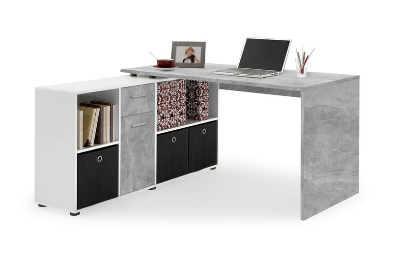 Lexo Hjørneskrivebord 136 cm med Justerbar Hylde - Beton - hjørneskrivebord