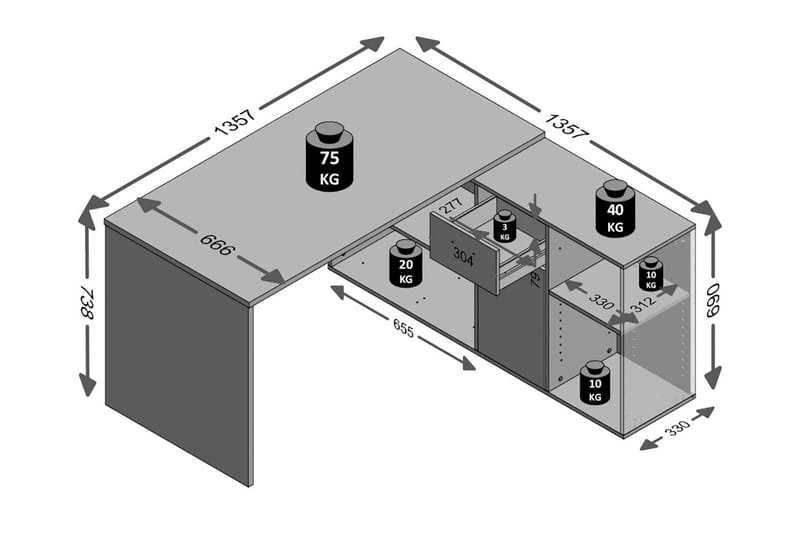 Lexo Hjørneskrivebord 136 cm med Justerbar Hylde - Beton - Møbler - Borde - Kontorbord - Skrivebord - hjørneskrivebord