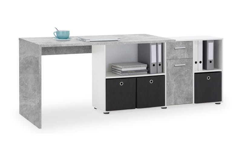 Lexo Hjørneskrivebord 136 cm med Justerbar Hylde - Beton - Møbler - Borde - Kontorbord - Skrivebord - hjørneskrivebord