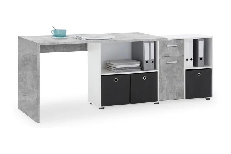Lexo Hjørneskrivebord 136 cm med Justerbar Hylde - Beton - Møbler - Borde - Kontorbord - Skrivebord - hjørneskrivebord