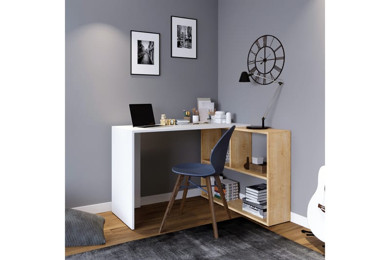 Marsberg Hjørneskrivebord 120 cm med Opbevaring Hylder - Natur/Hvid - Møbler - Borde - Kontorbord - Skrivebord - hjørneskrivebord