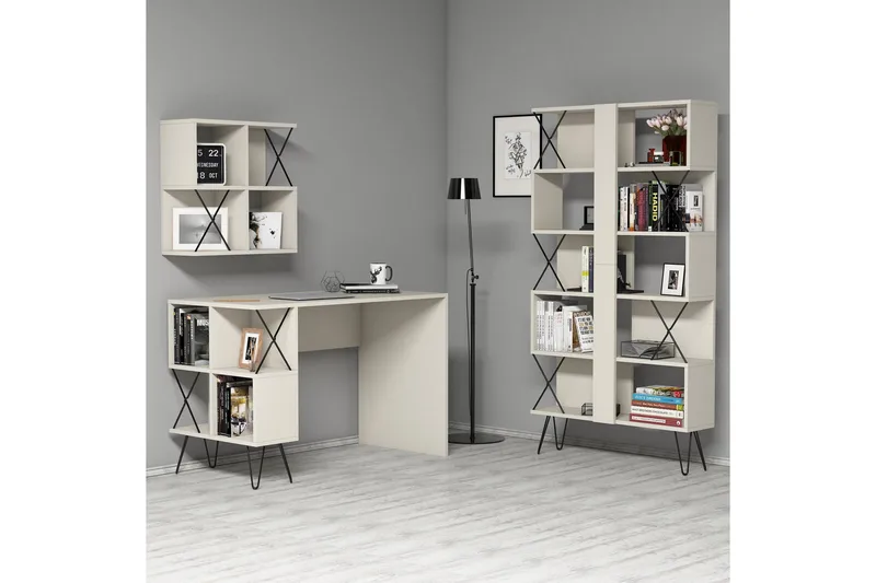 Hovdane Skrivebord 120 cm med Opbevaring + 2 Bogreoler - Cremehvid/Sort - Møbler - Borde - Kontorbord - Skrivebord