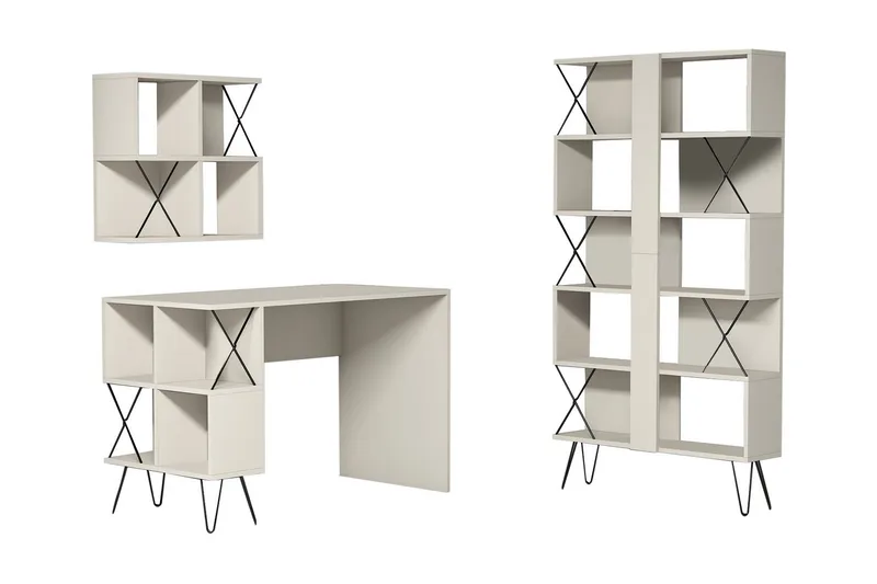 Hovdane Skrivebord 120 cm med Opbevaring + 2 Bogreoler, Cremehvid/Sort