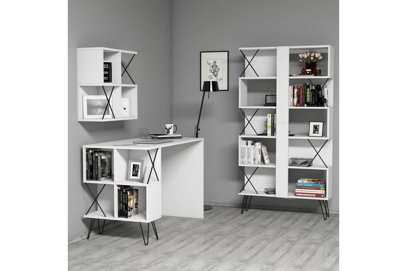 Hovdane Skrivebord 120 cm med Opbevaring + 2 Bogreoler - Hvid/Sort - Møbler - Borde - Kontorbord - Skrivebord