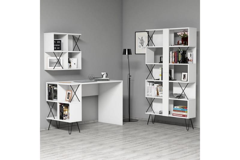 Hovdane Skrivebord 120 cm med Opbevaring + 2 Bogreoler - Hvid/Sort - Møbler - Borde - Kontorbord - Skrivebord