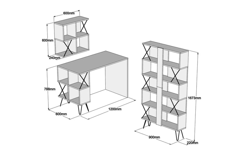 Hovdane Skrivebord 120 cm med Opbevaring + 2 Bogreoler - Hvid/Sort - Møbler - Borde - Kontorbord - Skrivebord