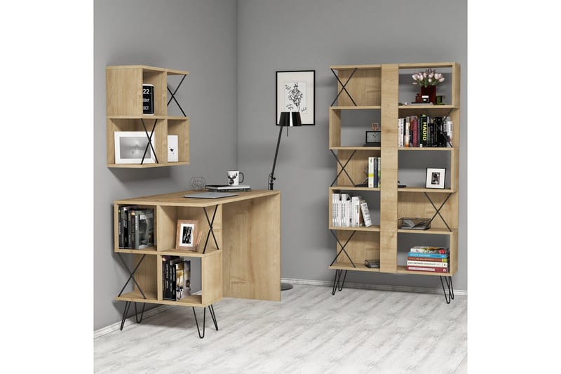 Hovdane Skrivebord 120 cm med Opbevaring + 2 Bogreoler, Lysebrun/Sort