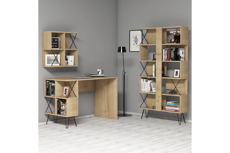 Hovdane Skrivebord 120 cm med Opbevaring + 2 Bogreoler - Lysebrun/Sort - Møbler - Borde - Kontorbord - Skrivebord