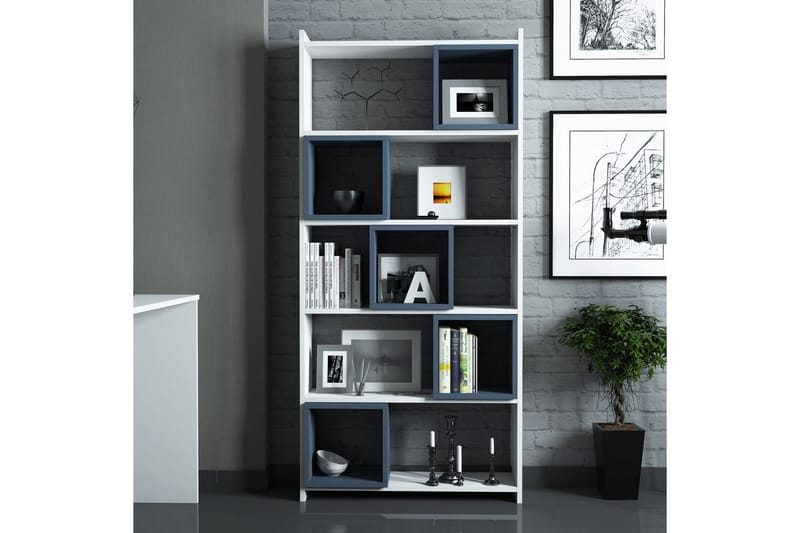 Hovdane Skrivebord 120 cm med Opbevaring + Væghylde + - Hvid/Blå - Skrivebord