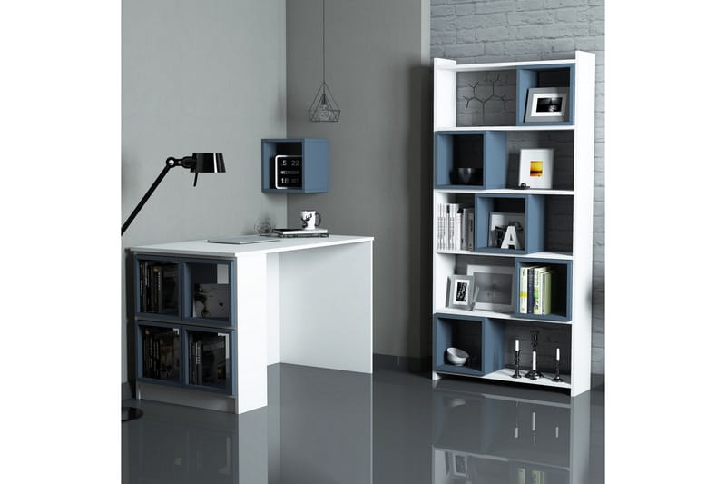 Hovdane Skrivebord 120 cm med Opbevaring + Væghylde + - Hvid/Blå - Skrivebord