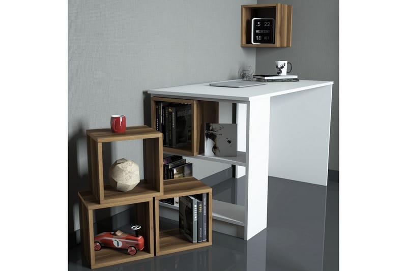 Hovdane Skrivebord 120 cm med Opbevaring + Væghylde + - Hvid/Brun - Skrivebord