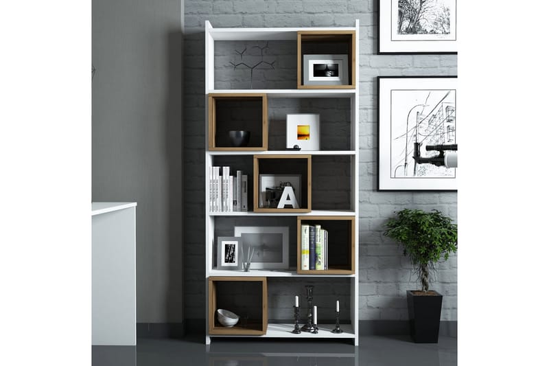 Hovdane Skrivebord 120 cm med Opbevaring + Væghylde + - Hvid/Brun - Skrivebord