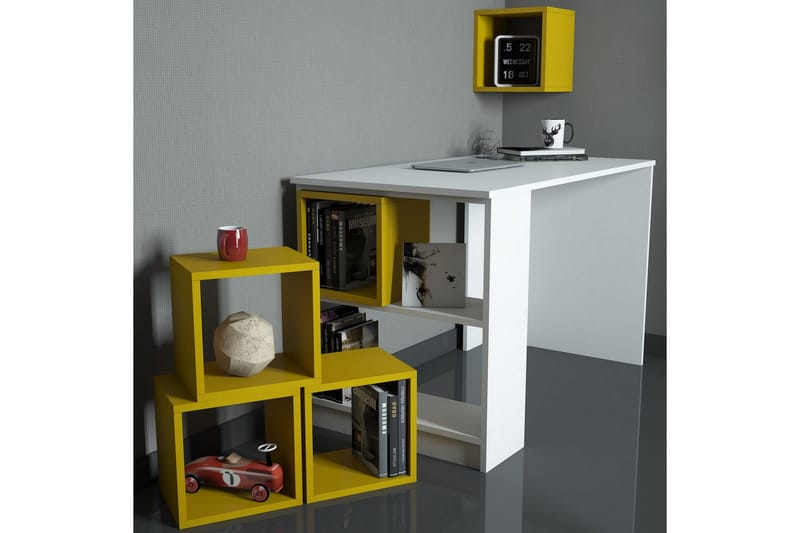 Hovdane Skrivebord 120 cm med Opbevaring + Væghylde + - Hvid/Gul - Skrivebord