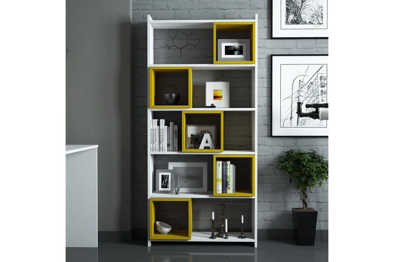 Hovdane Skrivebord 120 cm med Opbevaring + Væghylde +, Hvid/Gul