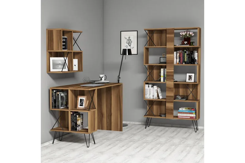 Hovdane Skrivebord 120 cm med Opbevaring + 2 Bogreoler, Brun/Sort
