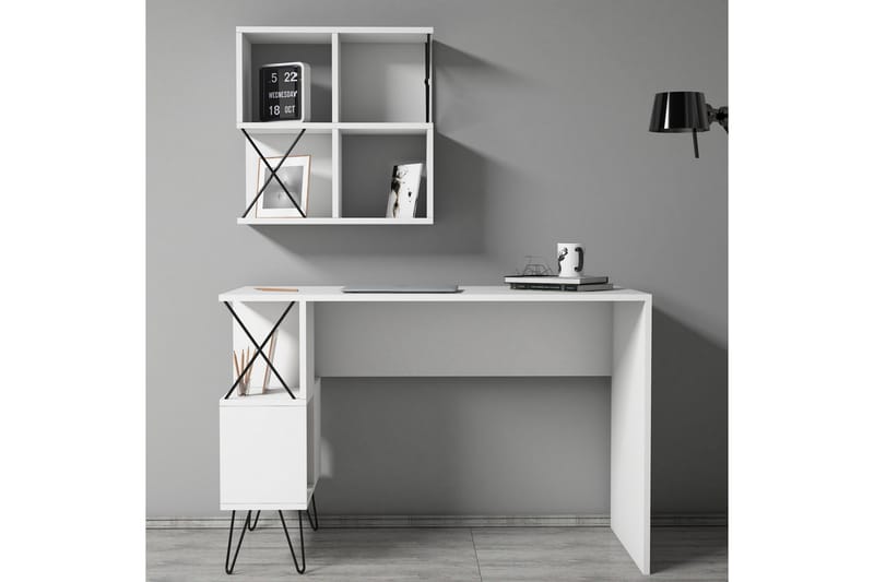 Hovdane Skrivebord 120 cm med Opbevaring + 2 Bogreoler - Hvid/Sort - Møbler - Borde - Kontorbord - Skrivebord