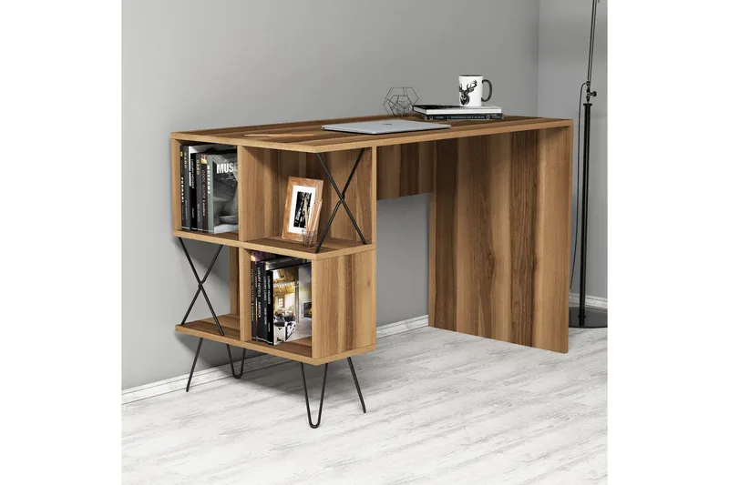 Hovdane Skrivebord 120 cm med Opbevaring Hylde + Bogreol - Brun/Sort - Møbler - Borde - Kontorbord - Skrivebord