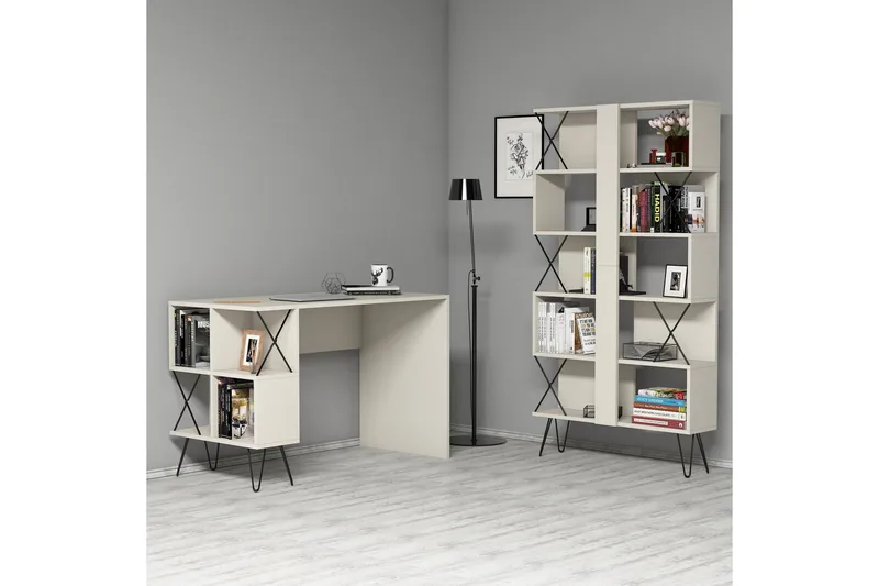 Hovdane Skrivebord 120 cm med Opbevaring Hylde + Bogreol, Cremehvid/Sort