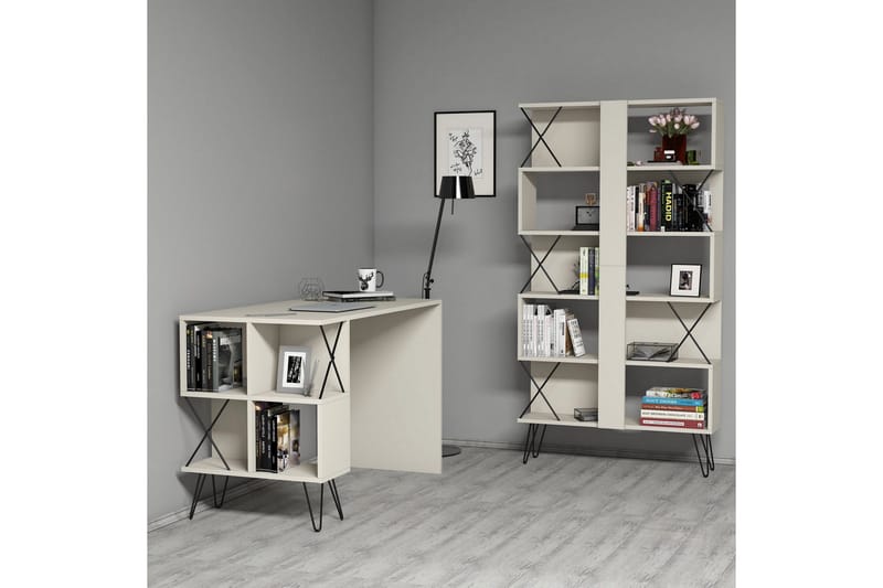 Hovdane Skrivebord 120 cm med Opbevaring Hylde + Bogreol - Cremehvid/Sort - Møbler - Borde - Kontorbord - Skrivebord