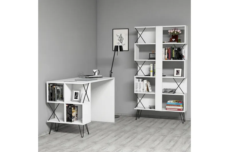 Hovdane Skrivebord 120 cm med Opbevaring Hylde + Bogreol, Hvid/Sort